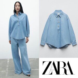 NEW Zara Denim Shirt Popover Top Half Button L